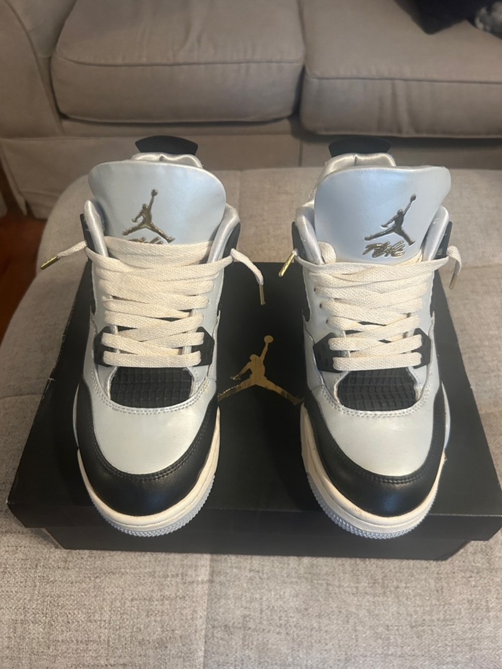 Jordan Kids Retro 4 Sneakers in Blue, Black & Gold Accents